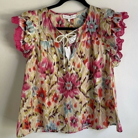 NWT - House of Harlow 1960 Zoey Khaki Bohemian Top Blouse Floral Cotton XS - Picture 1 of 4